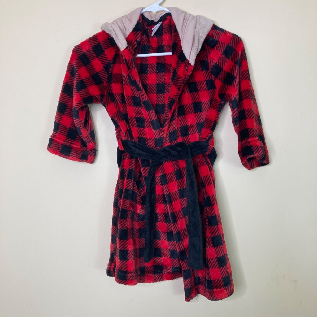 Cat & Jack Red Black Buffalo Plaid Kids Xs 4/5 Fleece Robe Belt Hooded Reindeer
